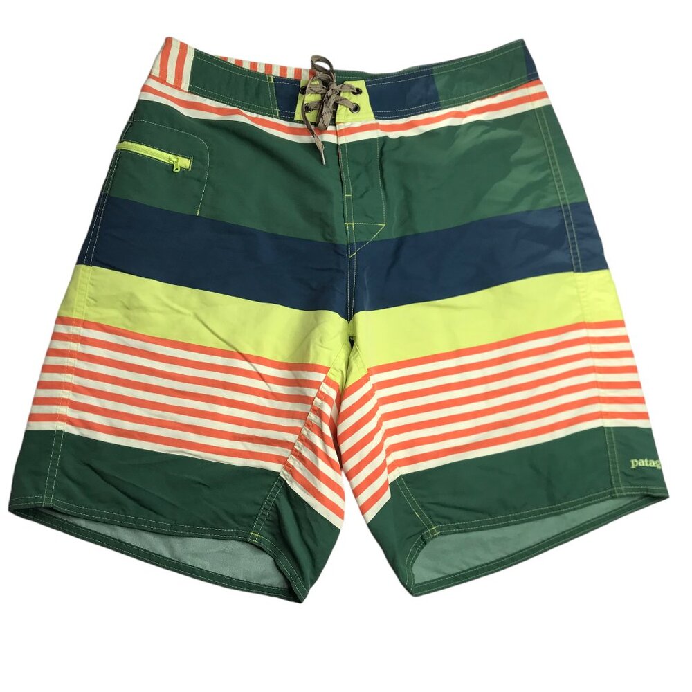 PATAGONIA Swim Trunks Board Shorts, Size Men's 33. Striped Orange White Green